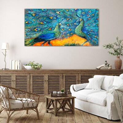 Dancing peacocks in a colorful display Glass Wall Art