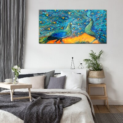 Dancing peacocks in a colorful display Glass Wall Art