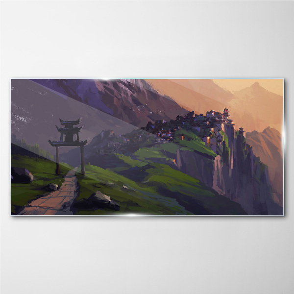 Misty mountain landscape with a pagoda Glass Wall Art