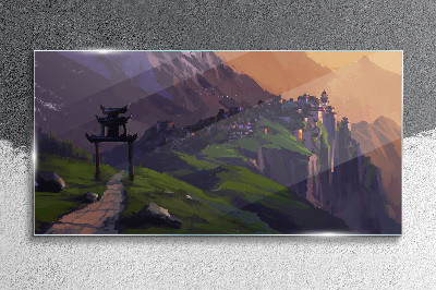 Misty mountain landscape with a pagoda Glass Wall Art