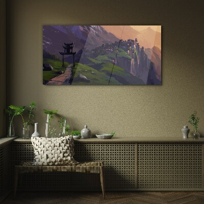 Misty mountain landscape with a pagoda Glass Wall Art