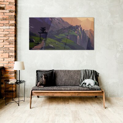 Misty mountain landscape with a pagoda Glass Wall Art