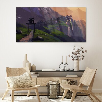 Misty mountain landscape with a pagoda Glass Wall Art