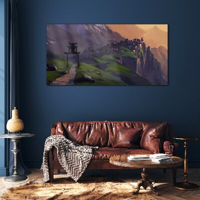 Misty mountain landscape with a pagoda Glass Wall Art