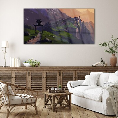 Misty mountain landscape with a pagoda Glass Wall Art