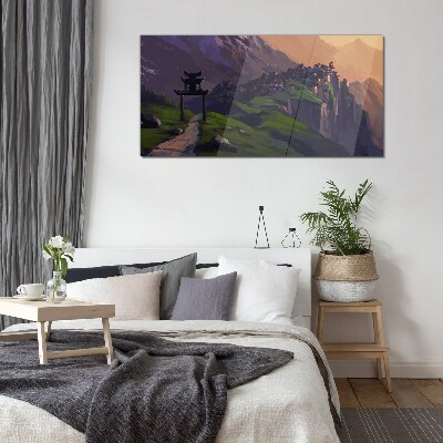 Misty mountain landscape with a pagoda Glass Wall Art