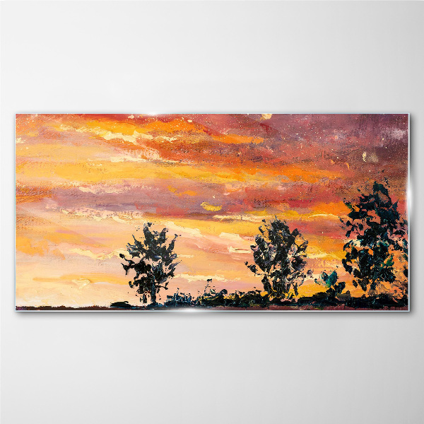 Sunset over the trees Glass Wall Art