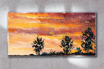 Sunset over the trees Glass Wall Art
