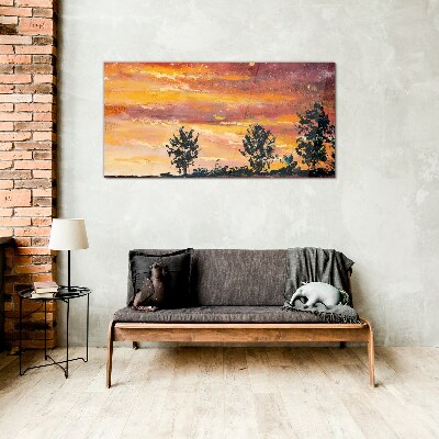 Sunset over the trees Glass Wall Art