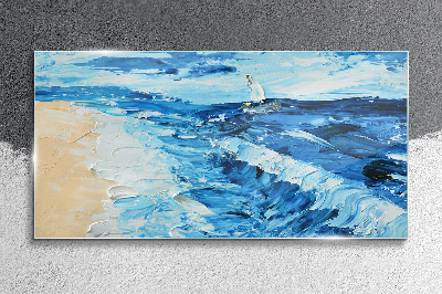Painting coast sea boat Glass Wall Art