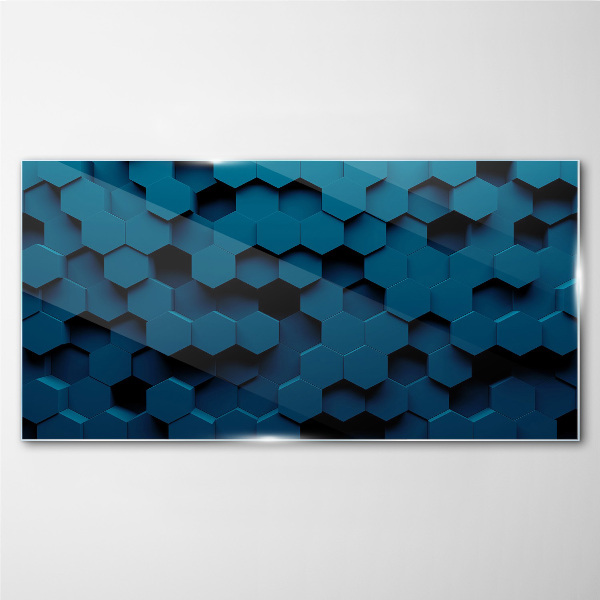 Geometric hexagons in shades of blue Glass Wall Art