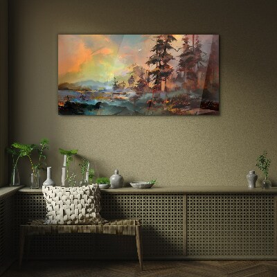 Painting village tree top Glass Wall Art