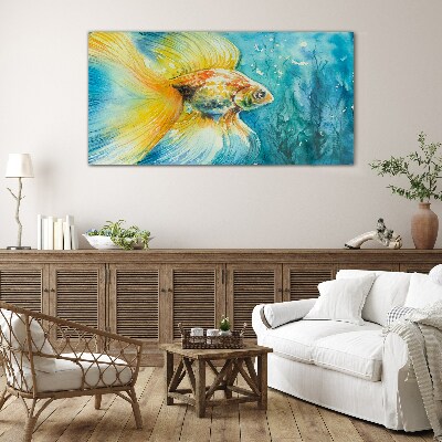 Goldfish in colored water Glass Wall Art