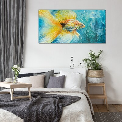 Goldfish in colored water Glass Wall Art