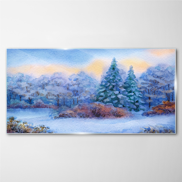 Watercolor snow tree forest Glass Wall Art