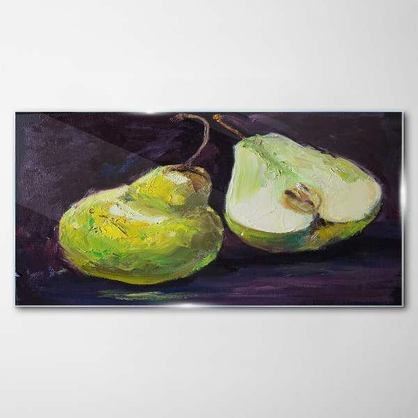 Green pears on a dark background Glass Wall Art