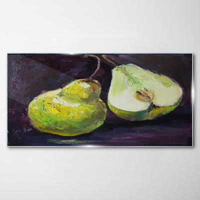 Green pears on a dark background Glass Wall Art