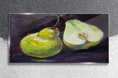 Green pears on a dark background Glass Wall Art