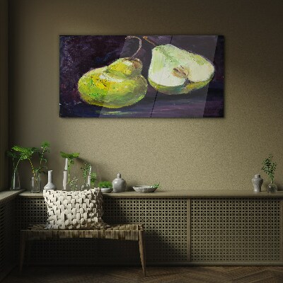 Green pears on a dark background Glass Wall Art