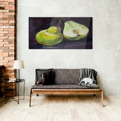 Green pears on a dark background Glass Wall Art