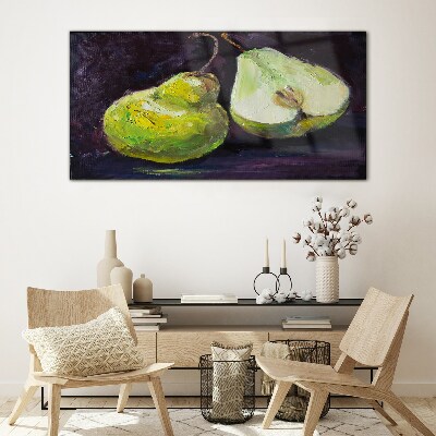 Green pears on a dark background Glass Wall Art