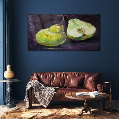 Green pears on a dark background Glass Wall Art
