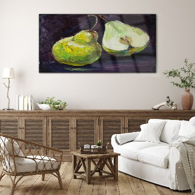 Green pears on a dark background Glass Wall Art