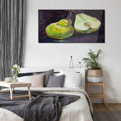 Green pears on a dark background Glass Wall Art