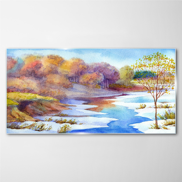 Watercolor tree river Glass Wall Art