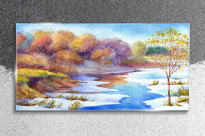 Watercolor tree river Glass Wall Art