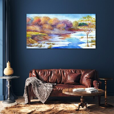Spring landscape by the river Glass Wall Art