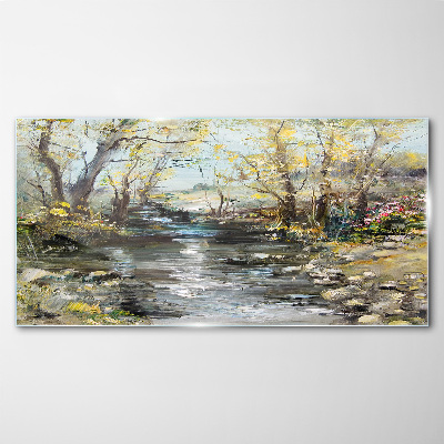Spring landscape by the stream Glass Wall Art