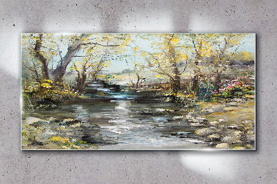 Spring landscape by the stream Glass Wall Art