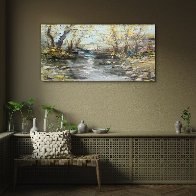 Spring landscape by the stream Glass Wall Art