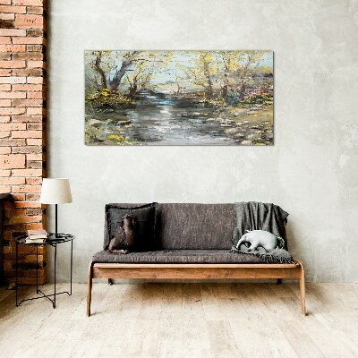 Spring landscape by the stream Glass Wall Art