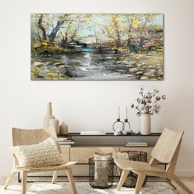 Spring landscape by the stream Glass Wall Art