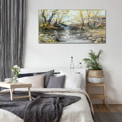 Spring landscape by the stream Glass Wall Art
