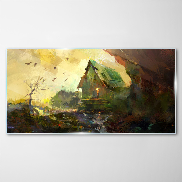 Winter landscape with a house Glass Wall Art