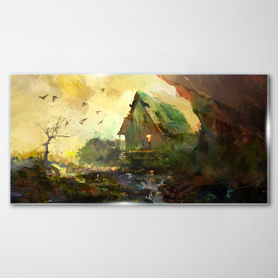 Winter landscape with a house Glass Wall Art