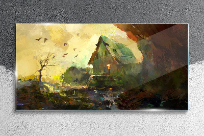 Winter landscape with a house Glass Wall Art