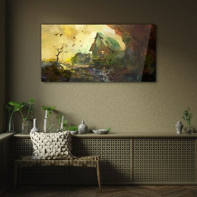 Winter landscape with a house Glass Wall Art