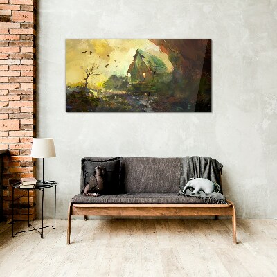 Winter landscape with a house Glass Wall Art