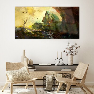 Winter landscape with a house Glass Wall Art