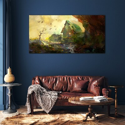 Winter landscape with a house Glass Wall Art