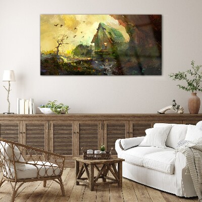Winter landscape with a house Glass Wall Art