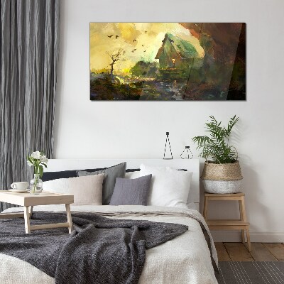 Winter landscape with a house Glass Wall Art