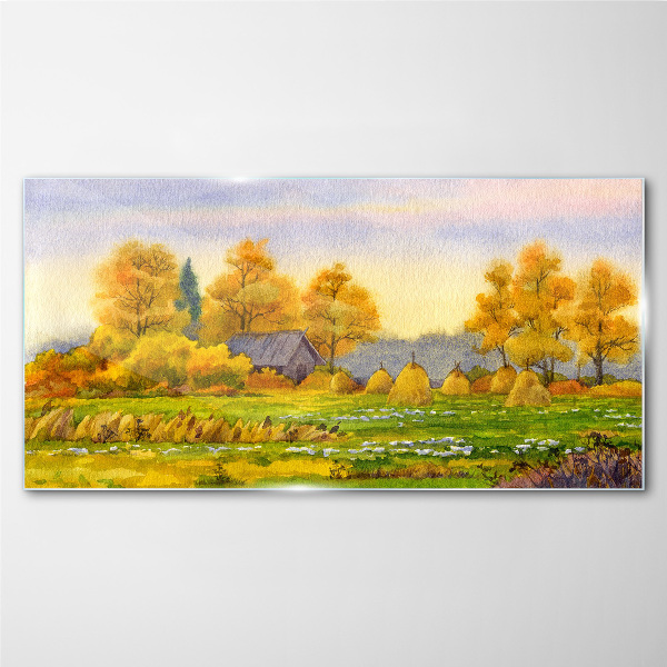 Golden autumn in the rural landscape Glass Wall Art