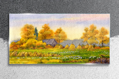 Golden autumn in the rural landscape Glass Wall Art