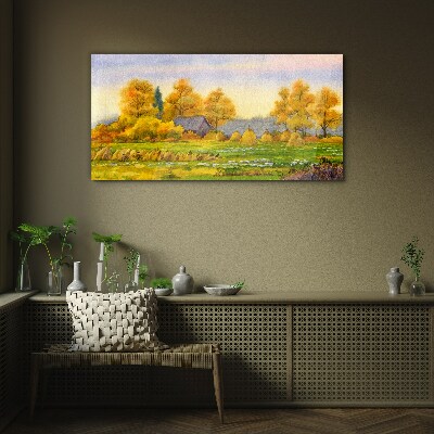 Golden autumn in the rural landscape Glass Wall Art
