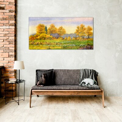 Golden autumn in the rural landscape Glass Wall Art